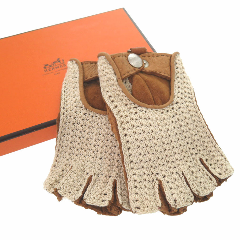 美品 エルメス 手袋 グローブ コットン ペッカリー革 ブラウン 0941【中古】HERMES
