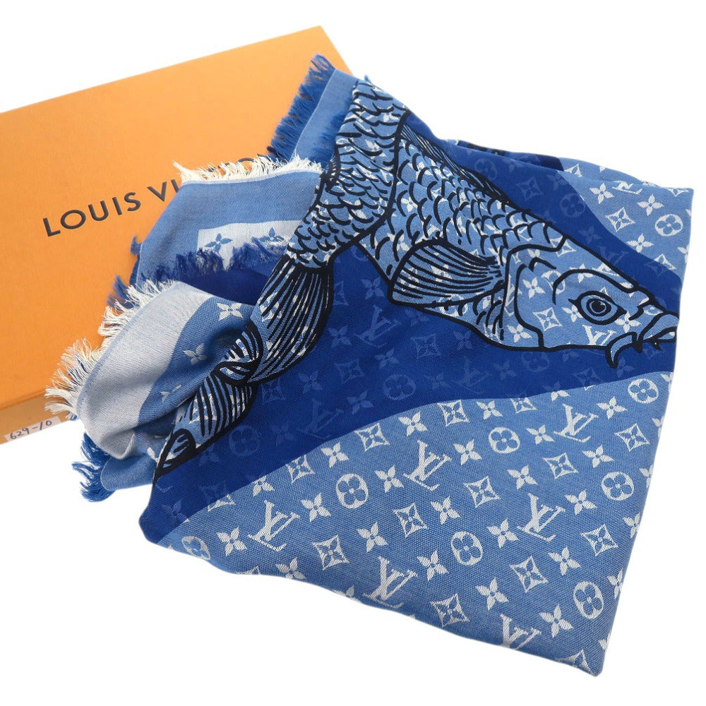 ルイ ヴィトン LV モノグラム スカーフ 鯉 carp ショール 魚 スクエア スカーフ シルク ウール ブルー LV 0950【中古】LOUIS VUITTON