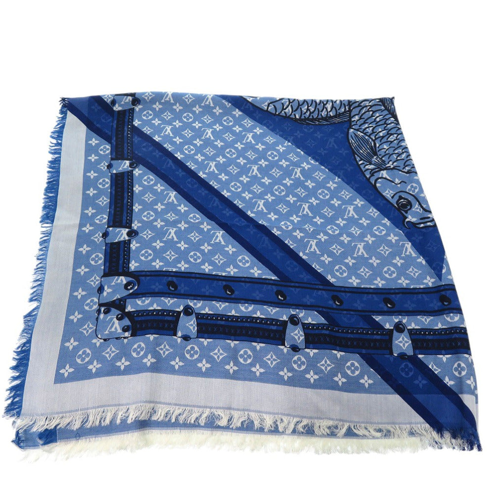 ルイ ヴィトン LV モノグラム スカーフ 鯉 carp ショール 魚 スクエア スカーフ シルク ウール ブルー LV 0950【中古】LOUIS VUITTON