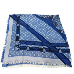 ルイ ヴィトン LV モノグラム スカーフ 鯉 carp ショール 魚 スクエア スカーフ シルク ウール ブルー LV 0950【中古】LOUIS VUITTON