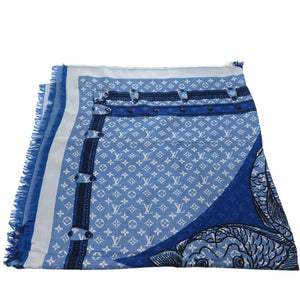 ルイ ヴィトン LV モノグラム スカーフ 鯉 carp ショール 魚 スクエア スカーフ シルク ウール ブルー LV 0950【中古】LOUIS VUITTON