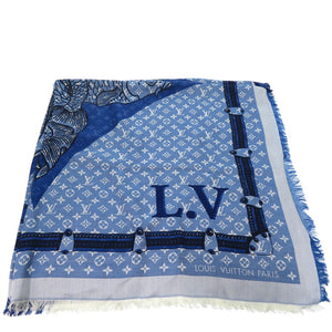 ルイ ヴィトン LV モノグラム スカーフ 鯉 carp ショール 魚 スクエア スカーフ シルク ウール ブルー LV 0950【中古】LOUIS VUITTON