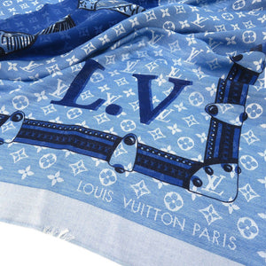 ルイ ヴィトン LV モノグラム スカーフ 鯉 carp ショール 魚 スクエア スカーフ シルク ウール ブルー LV 0950【中古】LOUIS VUITTON