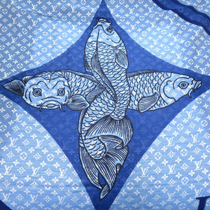 ルイ ヴィトン LV モノグラム スカーフ 鯉 carp ショール 魚 スクエア スカーフ シルク ウール ブルー LV 0950【中古】LOUIS VUITTON