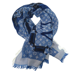 ルイ ヴィトン LV モノグラム スカーフ 鯉 carp ショール 魚 スクエア スカーフ シルク ウール ブルー LV 0950【中古】LOUIS VUITTON