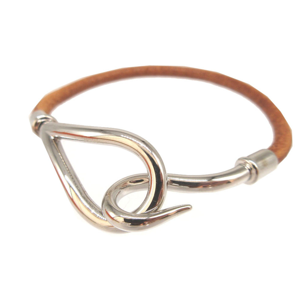 美品 エルメス ジャンボブレス レザー メタル ブラウン 茶 シルバー ブレスレット 0955【中古】HERMES