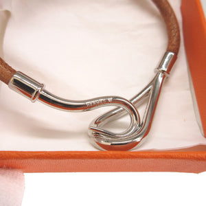 美品 エルメス ジャンボブレス レザー メタル ブラウン 茶 シルバー ブレスレット 0955【中古】HERMES