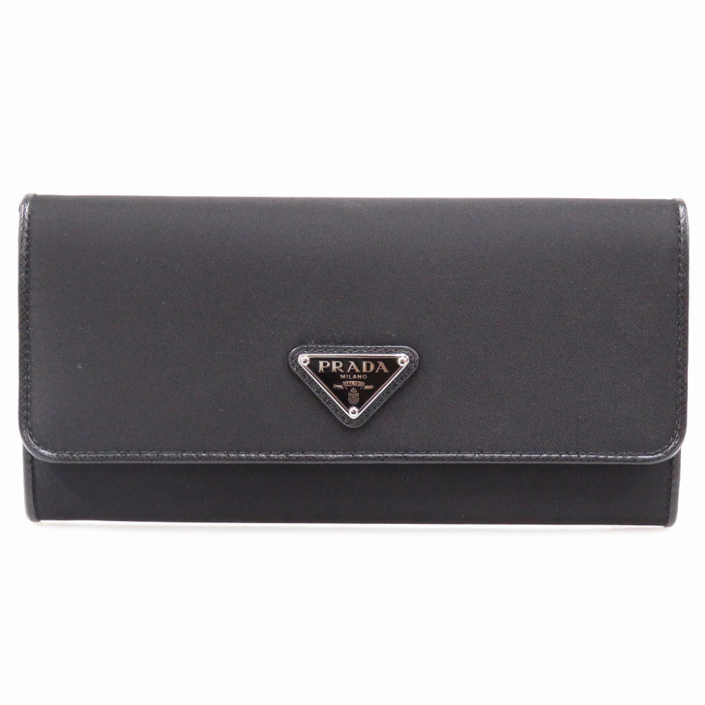 未使用品 プラダ 1MH132 ナイロン/レザー ブラック 長財布 黒 0974【中古】PRADA