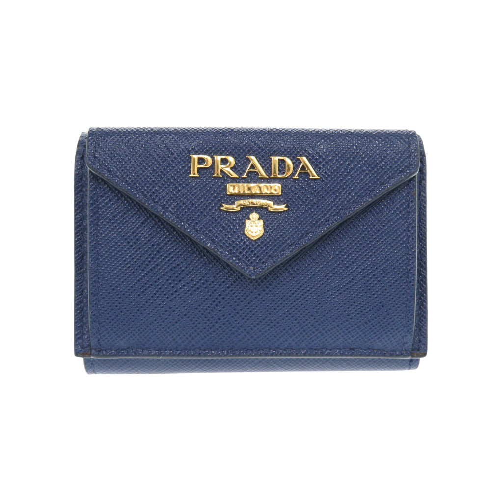 美品 プラダ サフィアーノルクス  レザー ブルー 1MH021 三つ折り財布 青 0991【中古】PRADA