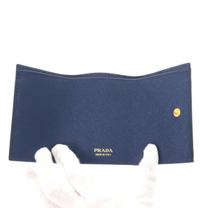 美品 プラダ サフィアーノルクス  レザー ブルー 1MH021 三つ折り財布 青 0991【中古】PRADA