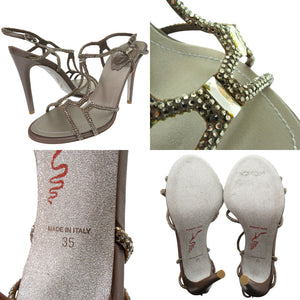 新品同様 レネ カオヴィラ クリスタル ビジュー サンダル サイズ35 レザー サテン グレー 1089【中古】Rene Caovilla