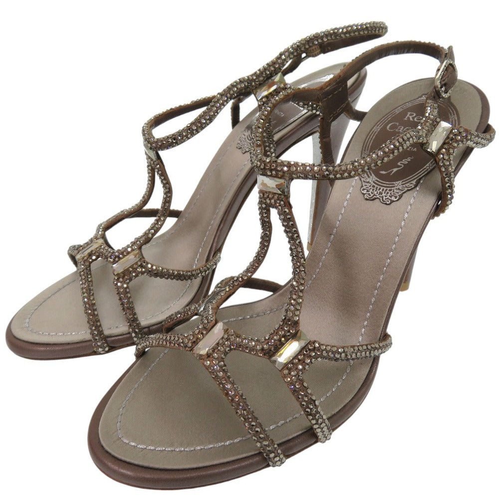 新品同様 レネ カオヴィラ クリスタル ビジュー サンダル サイズ35 レザー サテン グレー 1089【中古】Rene Caovilla
