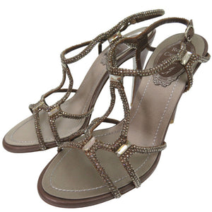 新品同様 レネ カオヴィラ クリスタル ビジュー サンダル サイズ35 レザー サテン グレー 1089【中古】Rene Caovilla