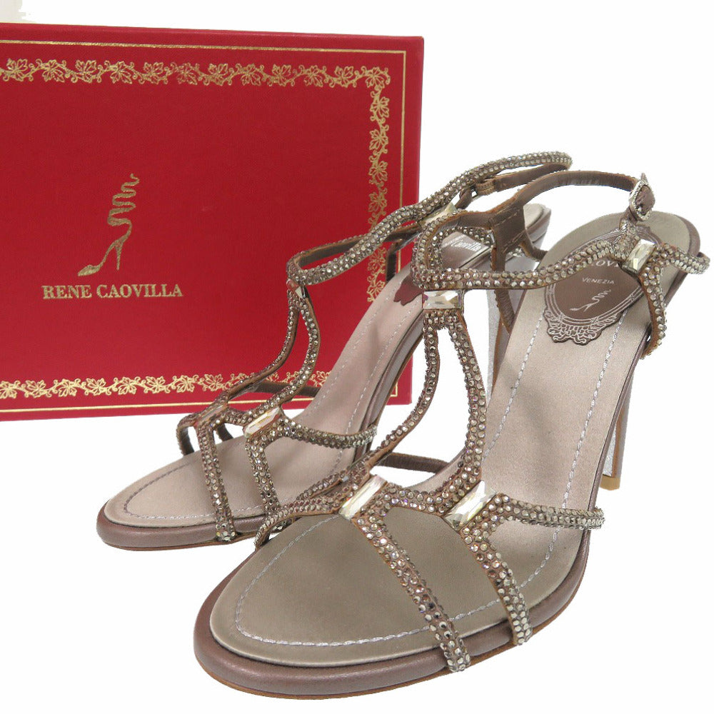新品同様 レネ カオヴィラ クリスタル ビジュー サンダル サイズ35 レザー サテン グレー 1089【中古】Rene Caovilla