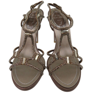 新品同様 レネ カオヴィラ クリスタル ビジュー サンダル サイズ35 レザー サテン グレー 1089【中古】Rene Caovilla