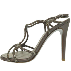 新品同様 レネ カオヴィラ クリスタル ビジュー サンダル サイズ35 レザー サテン グレー 1089【中古】Rene Caovilla