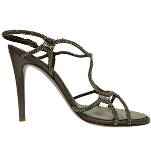 新品同様 レネ カオヴィラ クリスタル ビジュー サンダル サイズ35 レザー サテン グレー 1089【中古】Rene Caovilla