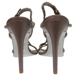 新品同様 レネ カオヴィラ クリスタル ビジュー サンダル サイズ35 レザー サテン グレー 1089【中古】Rene Caovilla