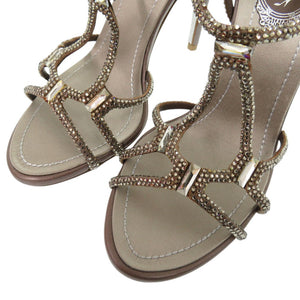新品同様 レネ カオヴィラ クリスタル ビジュー サンダル サイズ35 レザー サテン グレー 1089【中古】Rene Caovilla
