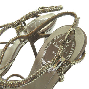 新品同様 レネ カオヴィラ クリスタル ビジュー サンダル サイズ35 レザー サテン グレー 1089【中古】Rene Caovilla