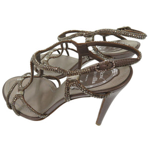 新品同様 レネ カオヴィラ クリスタル ビジュー サンダル サイズ35 レザー サテン グレー 1089【中古】Rene Caovilla