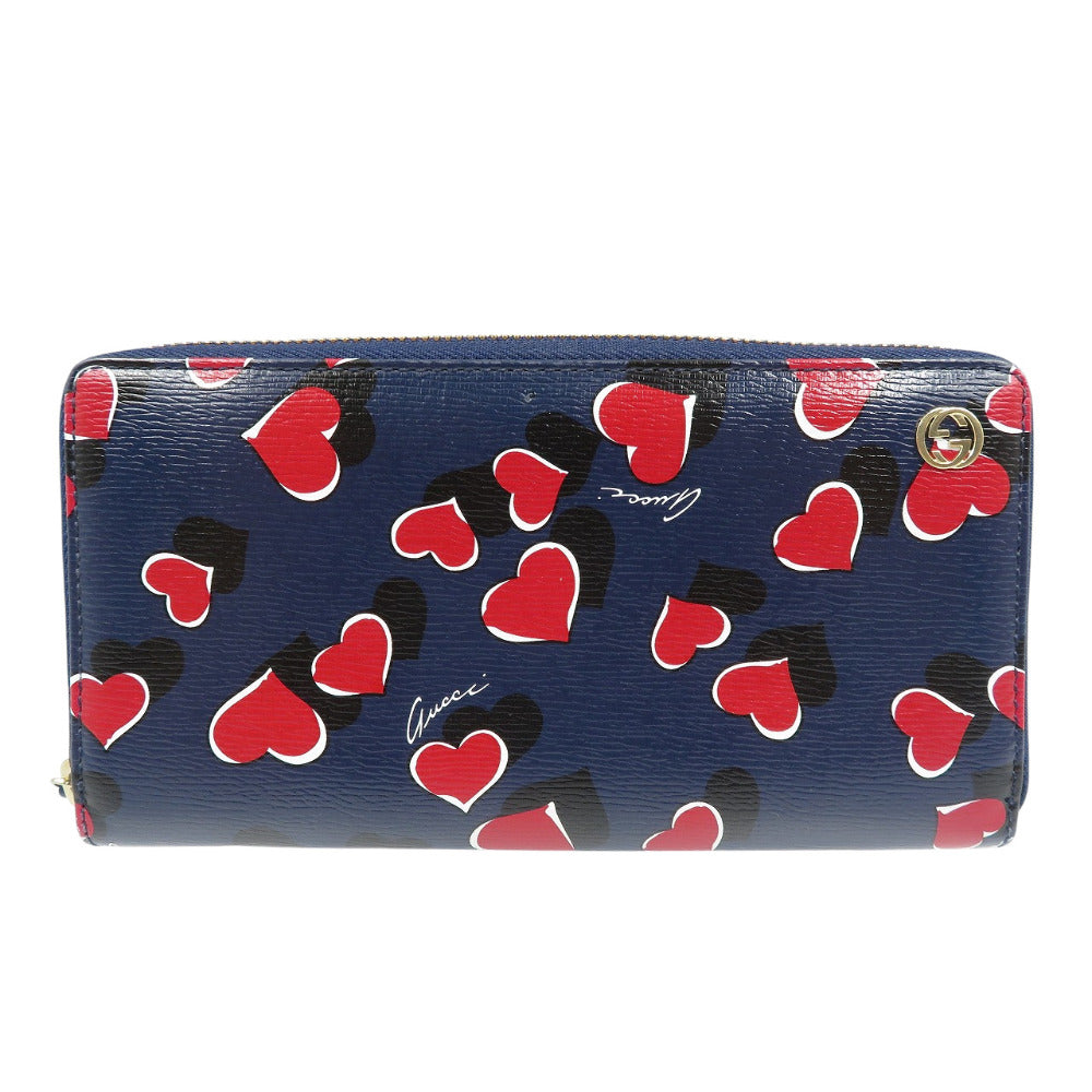 美品 グッチ ハート 309705 レザー ゴールド金具 ネイビー レッド ラウンドファスナー 長財布 1200【中古】GUCCI