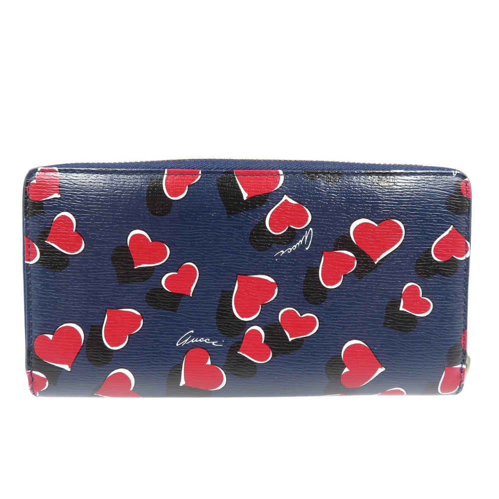 美品 グッチ ハート 309705 レザー ゴールド金具 ネイビー レッド ラウンドファスナー 長財布 1200【中古】GUCCI
