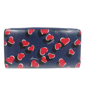 美品 グッチ ハート 309705 レザー ゴールド金具 ネイビー レッド ラウンドファスナー 長財布 1200【中古】GUCCI