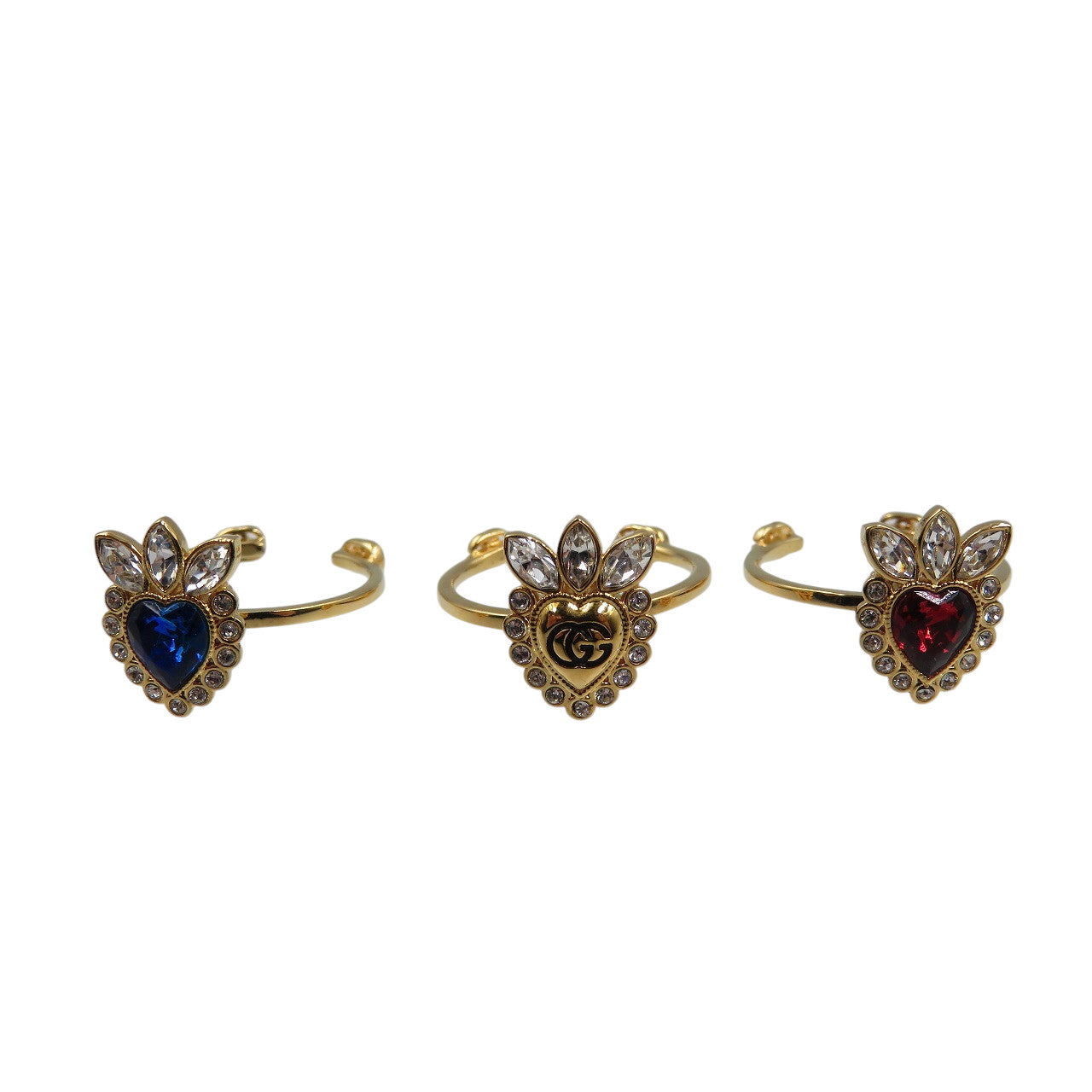 美品 グッチ クリスタルハート 3連 642102 GP ゴールド レッド ブルー リング 指輪 1210【中古】GUCCI