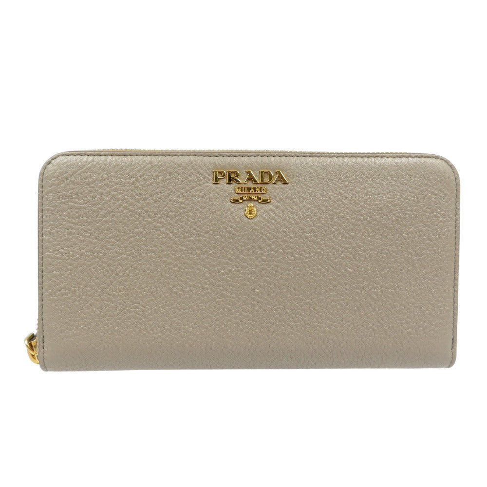 新品同様 プラダ 1ML506 サフィアーノレザー ゴールド金具 グレー ラウンドファスナー 長財布 1353【中古】PRADA