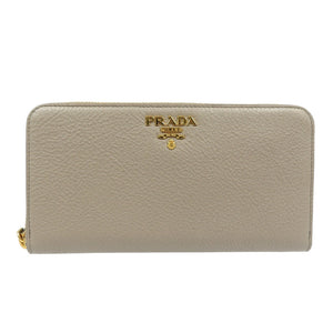 新品同様 プラダ 1ML506 サフィアーノレザー ゴールド金具 グレー ラウンドファスナー 長財布 1353【中古】PRADA