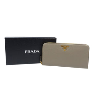新品同様 プラダ 1ML506 サフィアーノレザー ゴールド金具 グレー ラウンドファスナー 長財布 1353【中古】PRADA