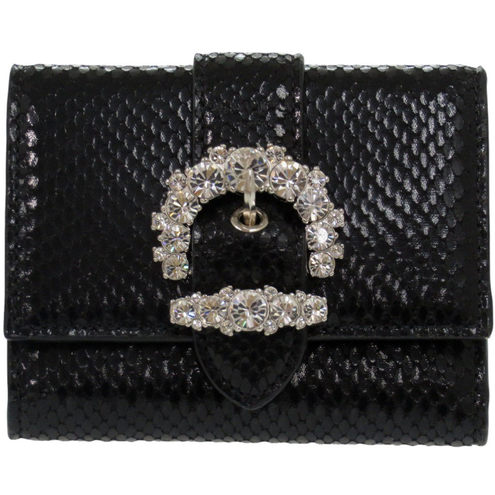 新品同様 ジミーチュウ コンパクトウォレット パイソン型押しレザー ブラック 三つ折り財布 黒 1655【中古】JIMMY CHOO