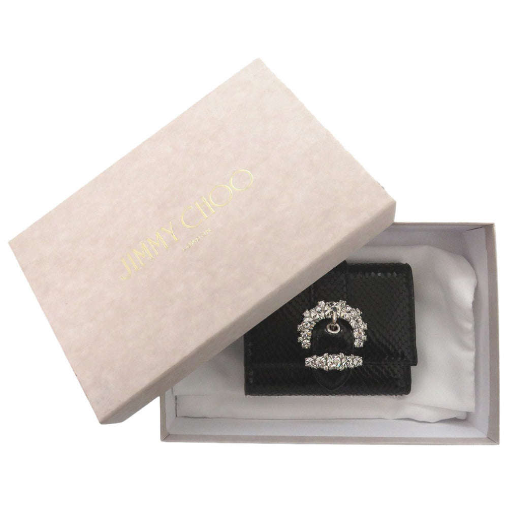 新品同様 ジミーチュウ コンパクトウォレット パイソン型押しレザー ブラック 三つ折り財布 黒 1655【中古】JIMMY CHOO