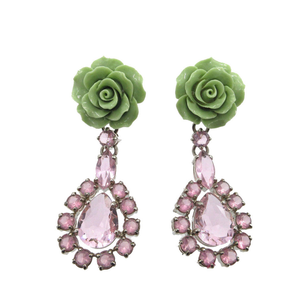 新品同様 プラダ ローズ ビジュー イヤリング メタル/ストーン ピンク/ピスタチオ 1667【中古】PRADA