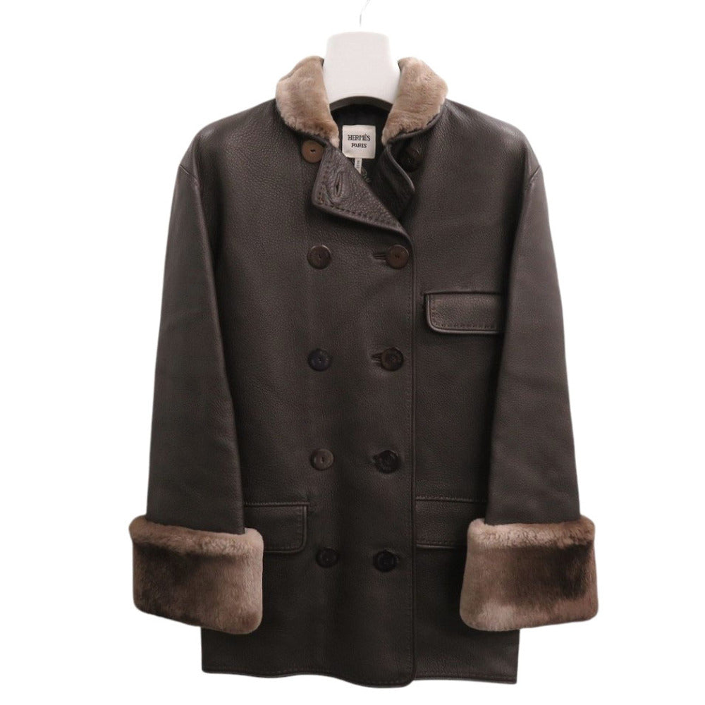 新品同様 エルメス ハーフコート ディアスキン カシミヤ ビーバー毛皮 サイズ34 ブラウン ジャケット コート 1672【中古】HERMES