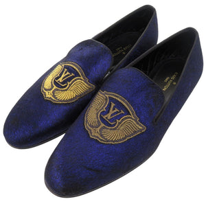 美品 ルイ ヴィトン オートゥイユライン オペラシューズ ハラコレザー LVエンブレム 刺繍 スリッポン ローファー サイズ6 1/2 BM1108 ネイビー LV 1692【中古】LOUIS VUITTON