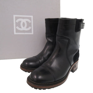 シャネル IG26533C ココマーク ショートブーツ チャンキーヒール レザー ブラック ブーツ 黒 1700【中古】CHANEL