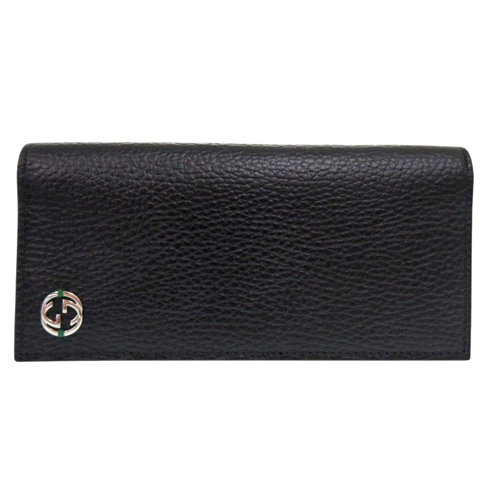 新品同様 グッチ インターロッキングG レザー ブラック 二つ折り長財布 黒 1704【中古】GUCCI