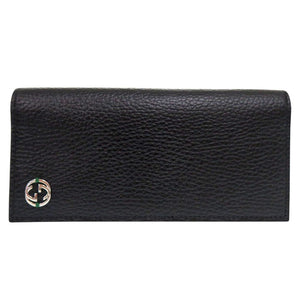 新品同様 グッチ インターロッキングG レザー ブラック 二つ折り長財布 黒 1704【中古】GUCCI