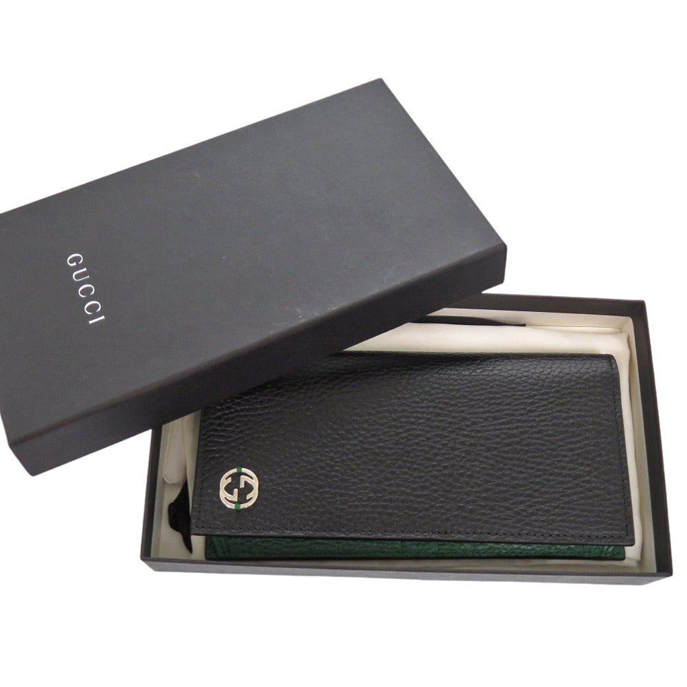 新品同様 グッチ インターロッキングG レザー ブラック 二つ折り長財布 黒 1704【中古】GUCCI