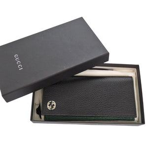 新品同様 グッチ インターロッキングG レザー ブラック 二つ折り長財布 黒 1704【中古】GUCCI