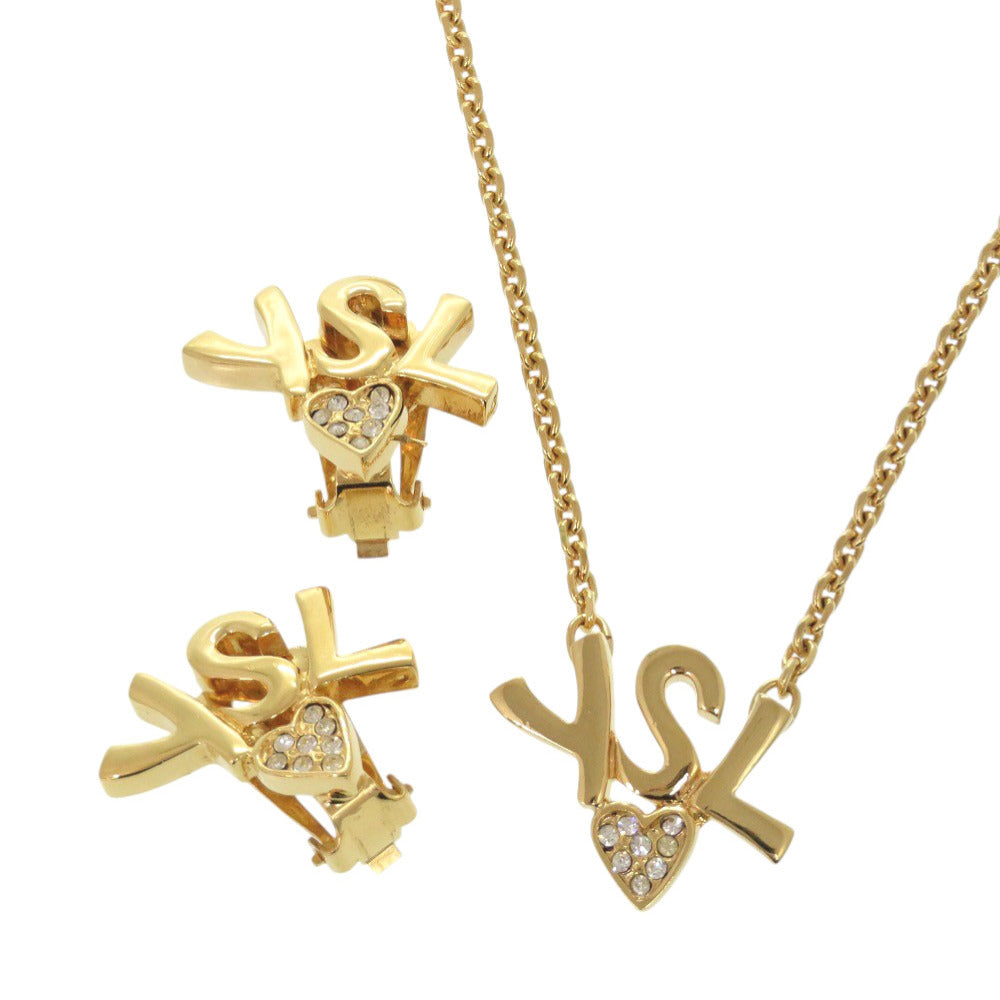 美品 イヴ サンローラン ハートロゴ ストーン GP ゴールド ネックレス イヤリング 1705【中古】YVES SAINT LAURENT