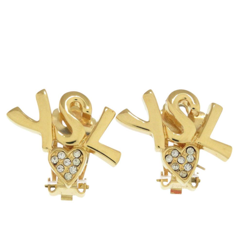 美品 イヴ サンローラン ハートロゴ ストーン GP ゴールド ネックレス イヤリング 1705【中古】YVES SAINT LAURENT