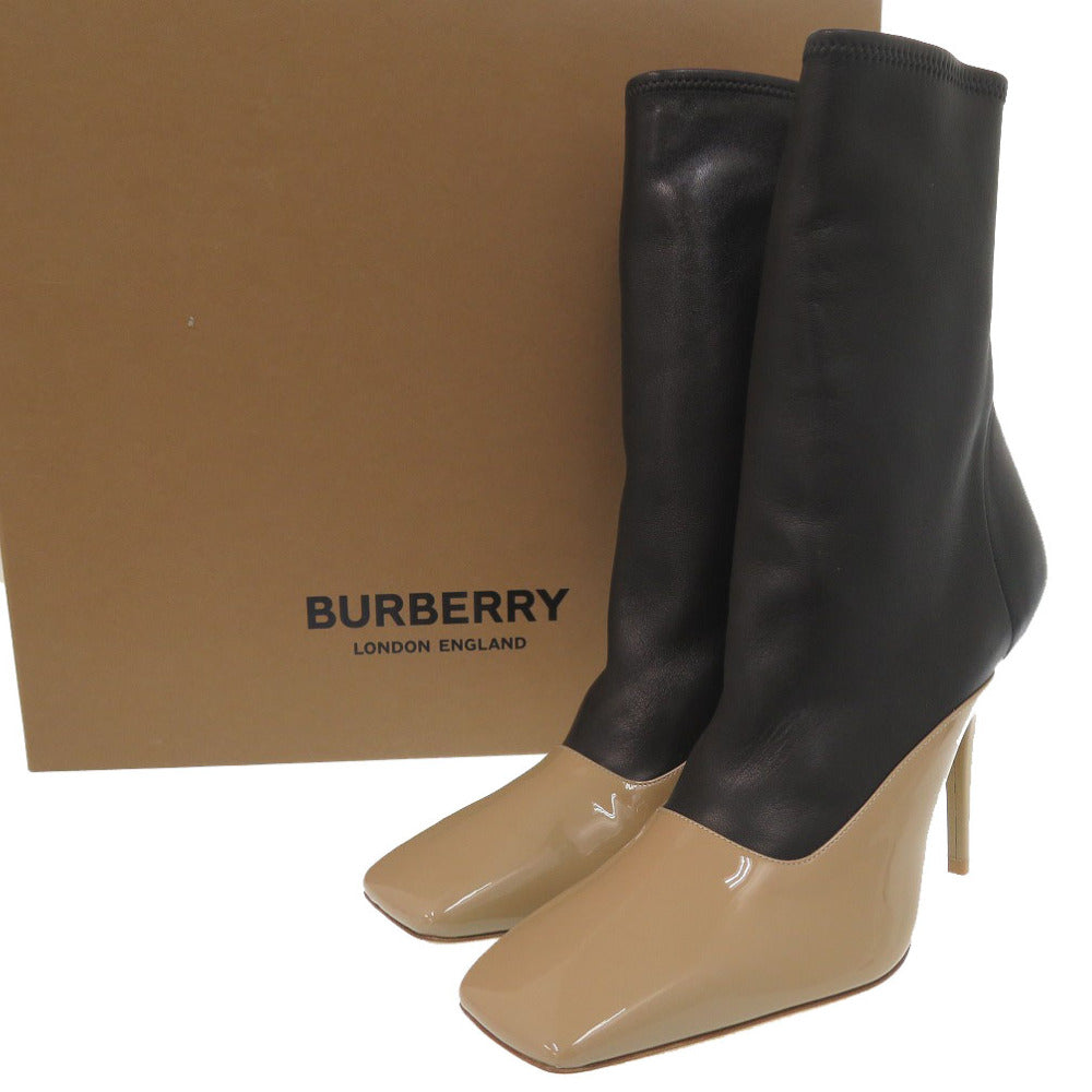 新品同様 バーバリー ショートブーツ ハイヒール パテントレザー ベージュ/ブラック ブーツ 黒 1809【中古】BURBERRY