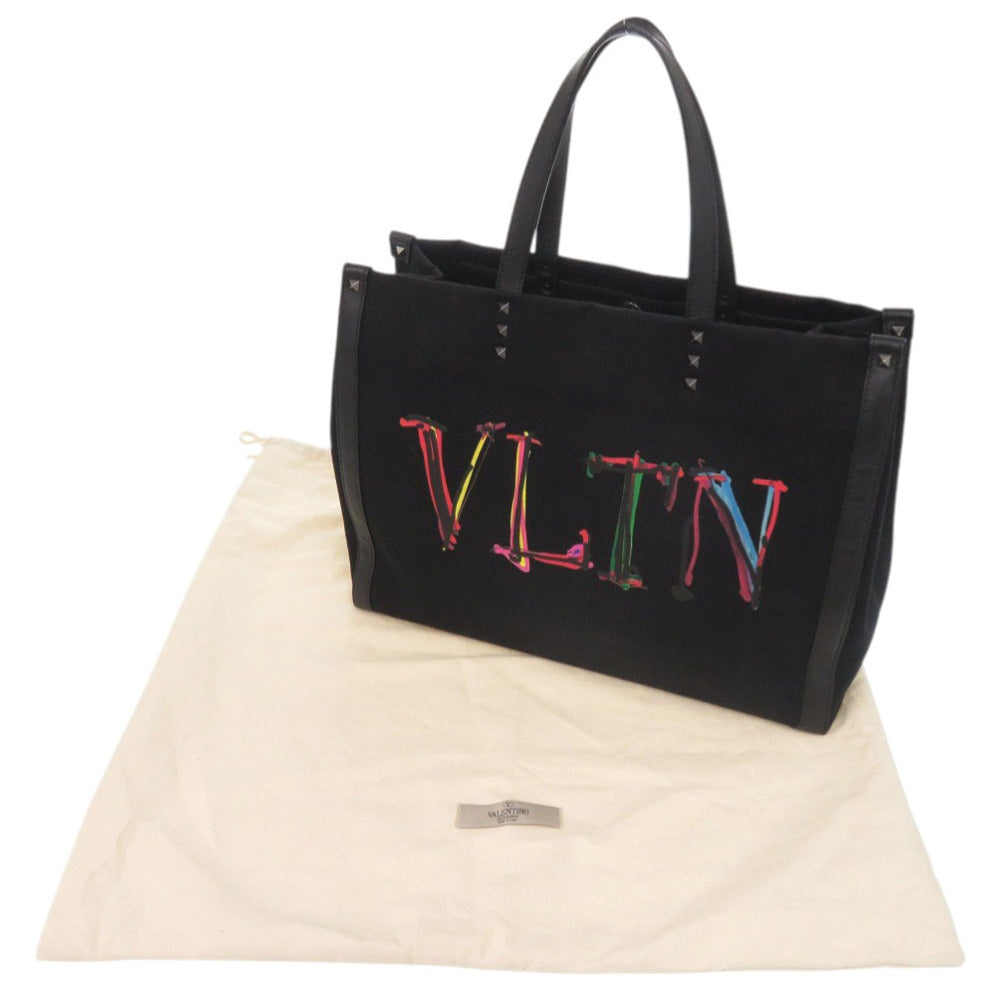 ヴァレンティノ ガラヴァーニ キャンバス/レザー ブラック トートバッグ 黒 1827【中古】Valentino Garavani