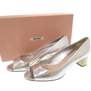 未使用品 ミュウミュウ レザー ストーン シルバー パンプス 1868【中古】MIUMIU