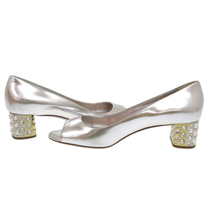 未使用品 ミュウミュウ レザー ストーン シルバー パンプス 1868【中古】MIUMIU