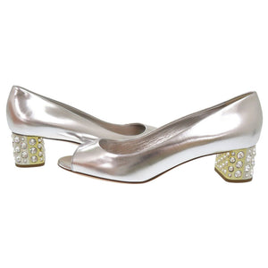 未使用品 ミュウミュウ レザー ストーン シルバー パンプス 1868【中古】MIUMIU