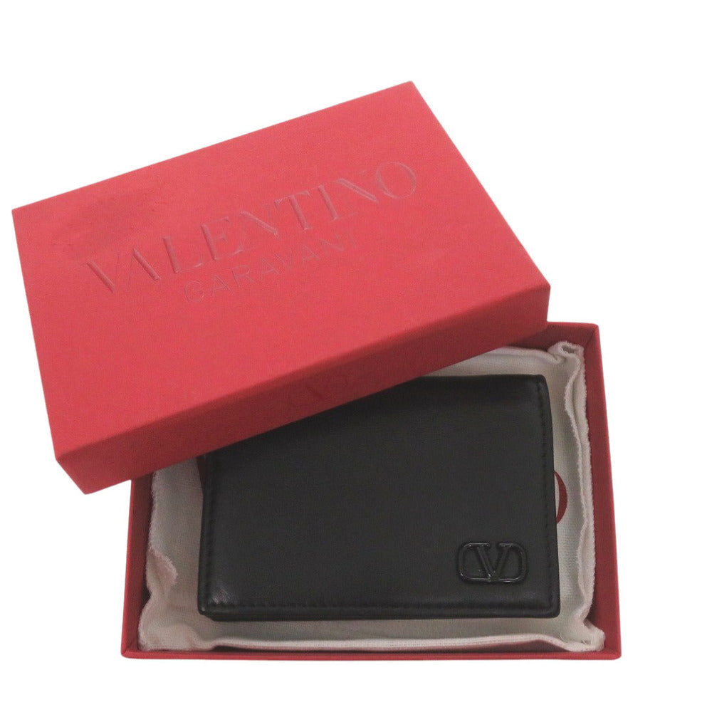 美品 ヴァレンティノ・ガラヴァーニ Vロゴ カーフ ブラック カードケース 黒 1873【中古】Valentino Garavani